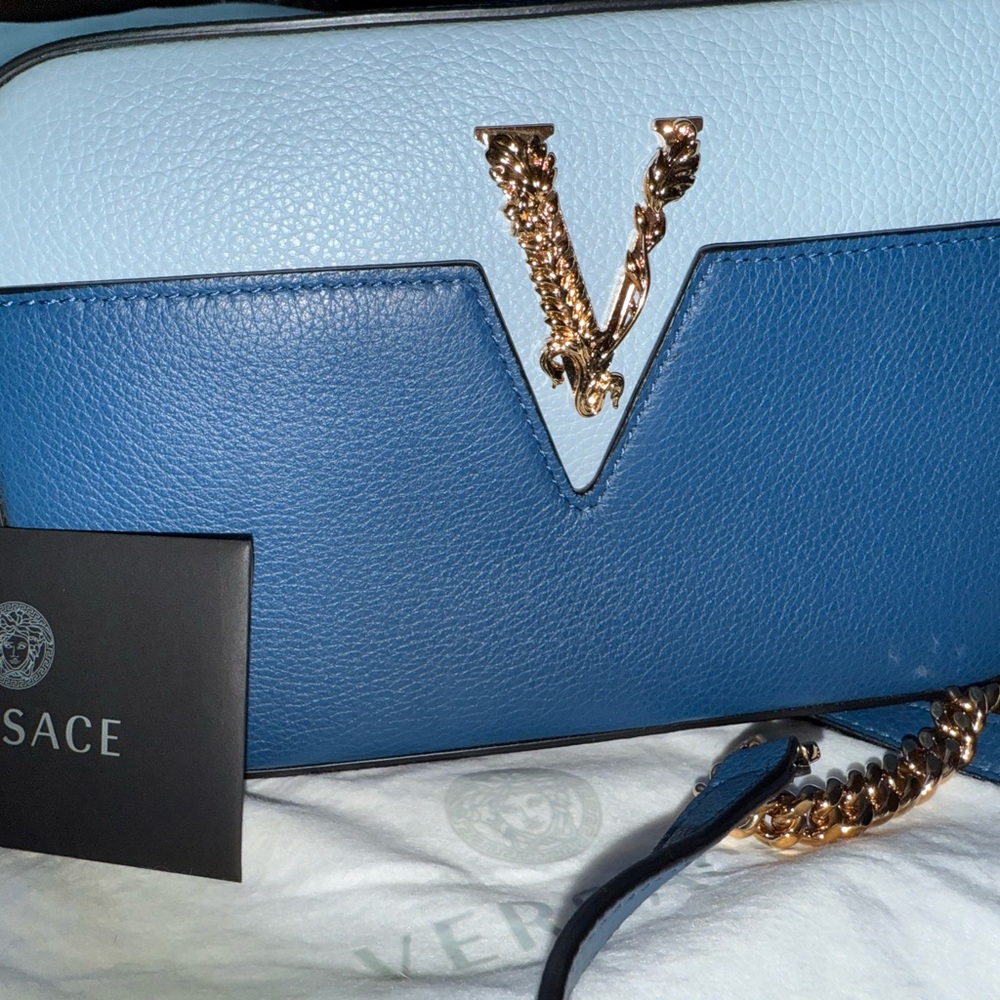 Versace Blue Crossbody Bag with Gold Chain
